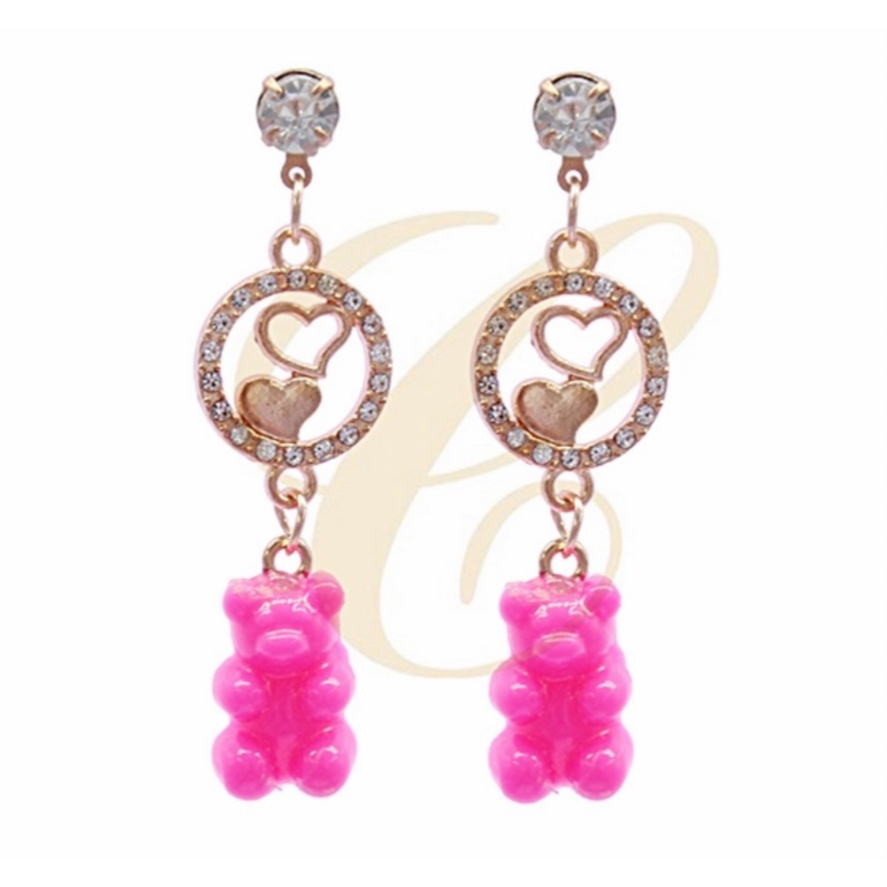 💗 Pink Gummy Bear Heart Gold Earrings NEW